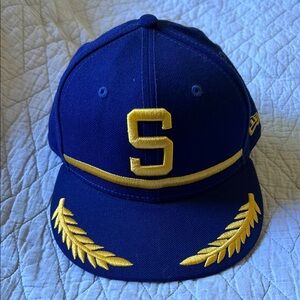New Era Seattle Pilots Fitted Hat Blue and Gold Embroidered